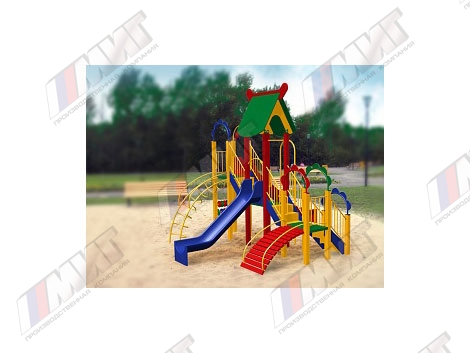 Деревянный игровой комплекс крышей, счетами и трапом